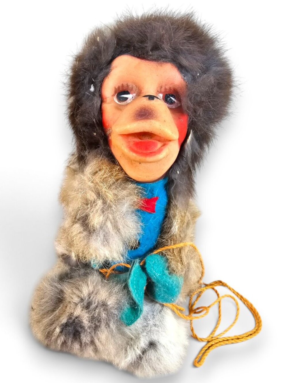 Vintage Rubber Face Monkey Chimpanzee String Puppet Real Fur Teal Blue Body 9"